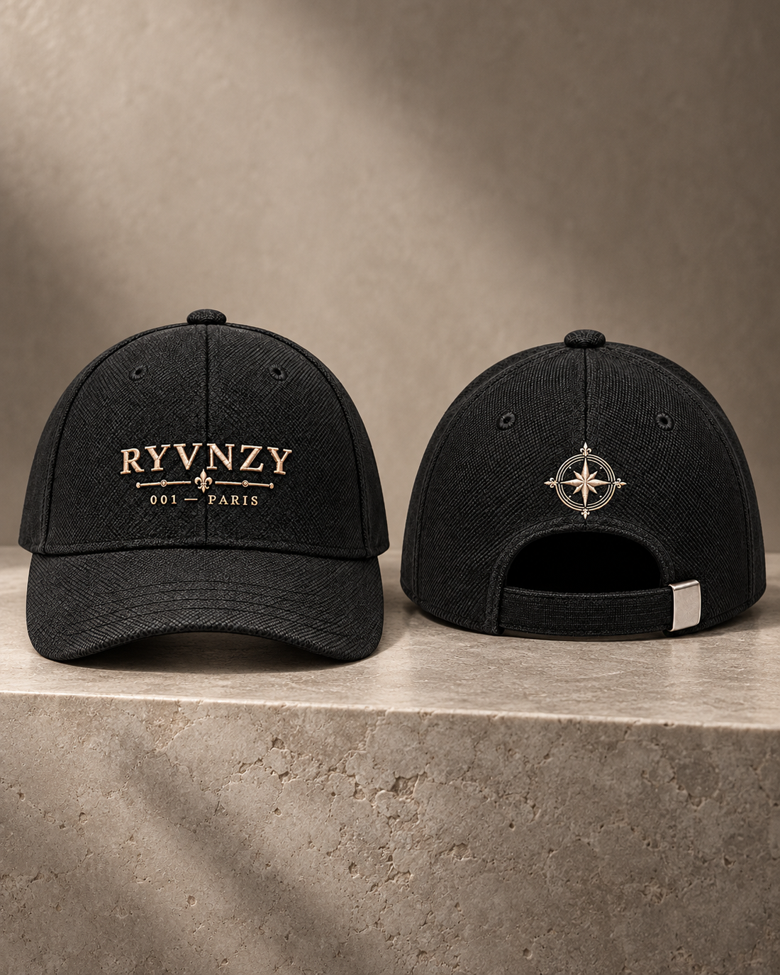 Casquette RYVNZY 001 Paris, face et dos, logo brodé et boussole signature